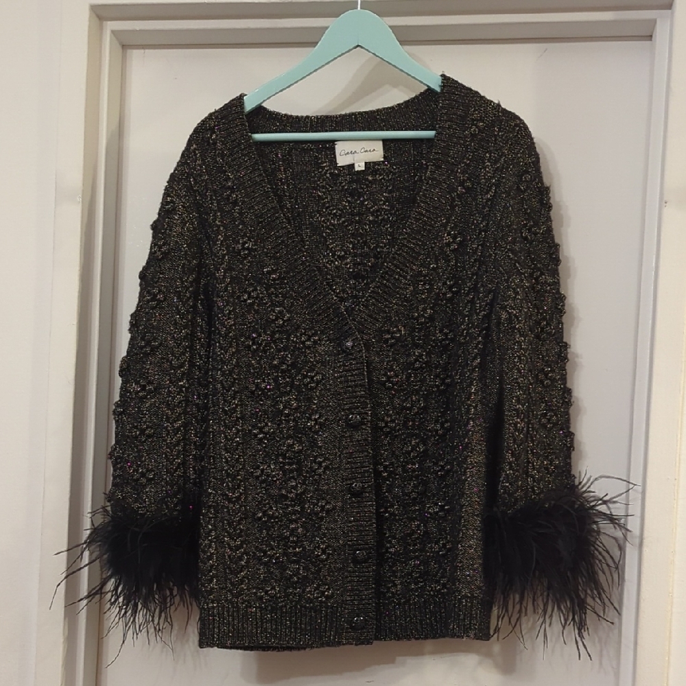 Cara Cara Rachie Feather Cuff Wool Blend Cardigan L